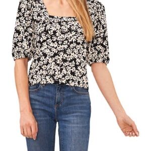 NWT CeCe puff sleeve square neck black and white floral blouse M